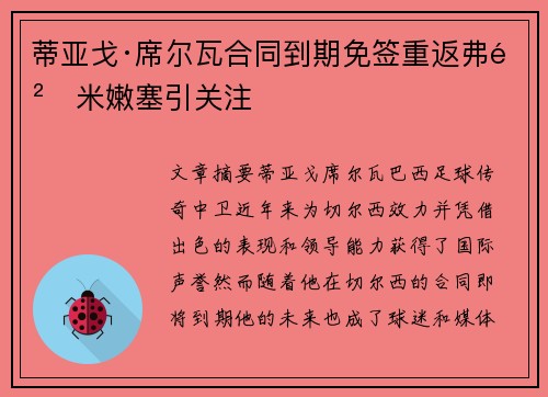 蒂亚戈·席尔瓦合同到期免签重返弗鲁米嫩塞引关注